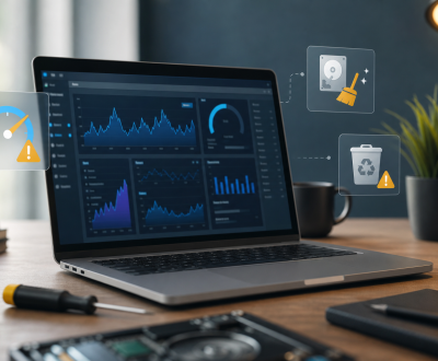 Why Is My Windows PC So Slow? 10 Common Causes to Check Slow Windows PC performance dashboard with startup apps, disk usage, and memory indicators