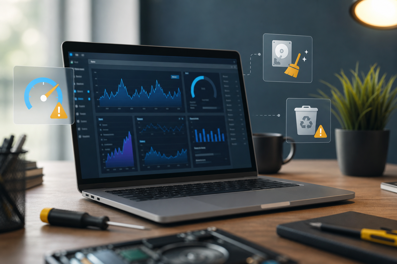 Why Is My Windows PC So Slow? 10 Common Causes to Check Slow Windows PC performance dashboard with startup apps, disk usage, and memory indicators