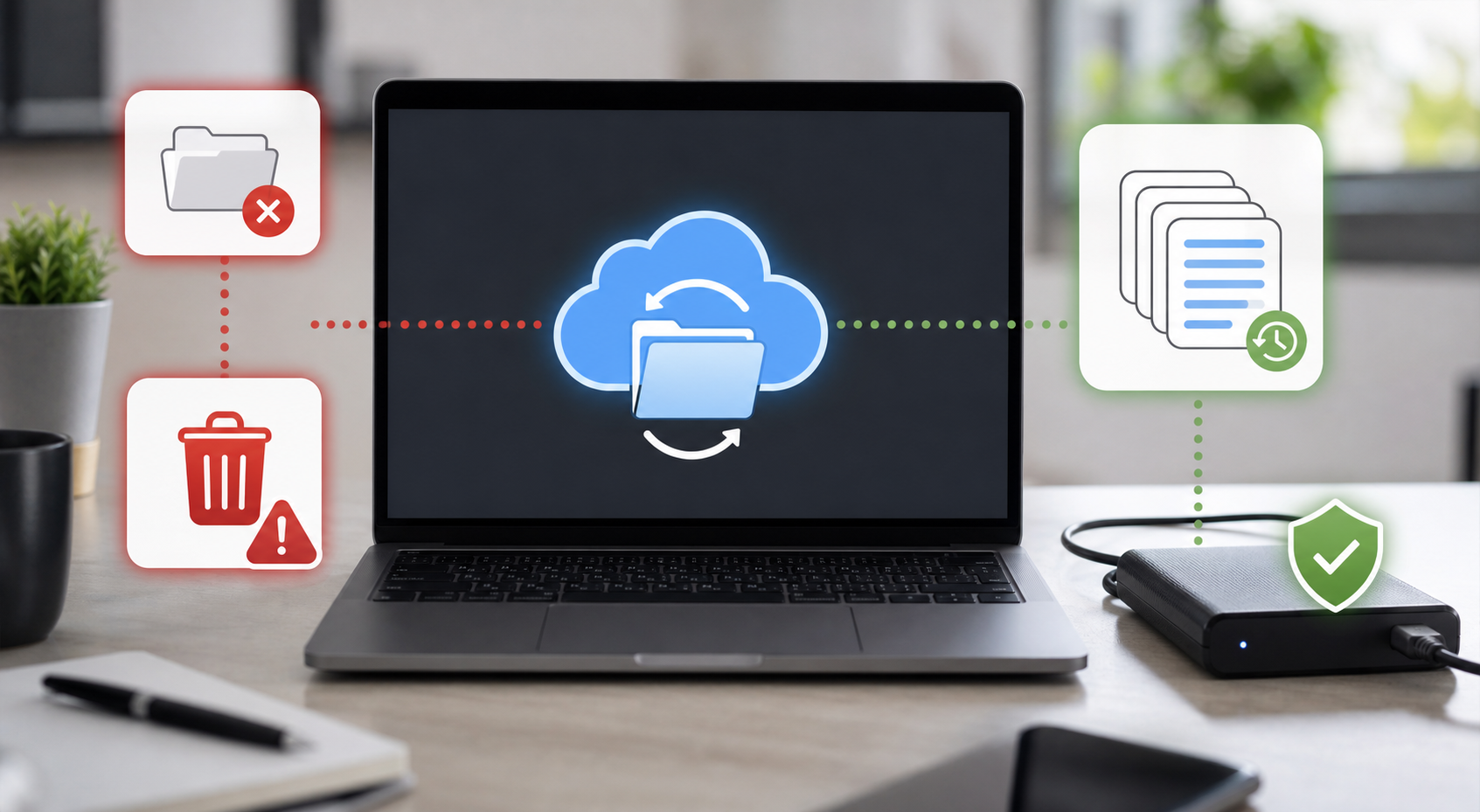 Cloud sync compared with true backup using local device, cloud folder, and separate archive copy