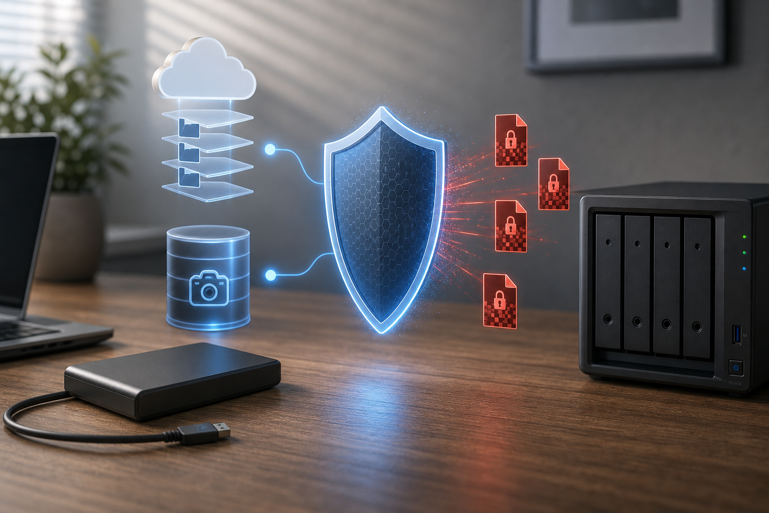 Backup protection layers showing local backup, cloud version history, and offline copy