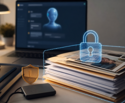 What Files Should You Never Upload to an AI Tool? AI upload privacy risk dashboard showing documents, keys, and personal data warnings
