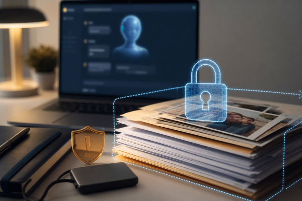 AI upload privacy risk dashboard showing documents, keys, and personal data warnings