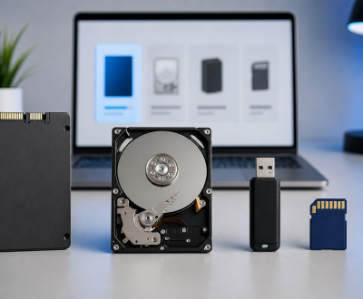 SSD vs HDD vs USB Drive vs SD Card: How to Choose the Right Storage Device SSD, HDD, USB drive, and SD card comparison on a desk