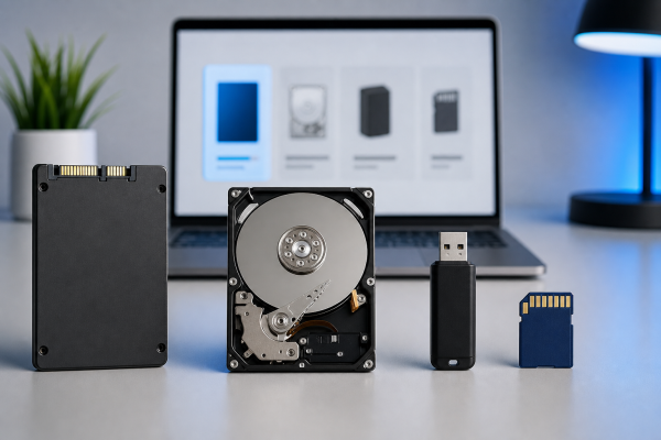 SSD, HDD, USB drive, and SD card comparison on a desk