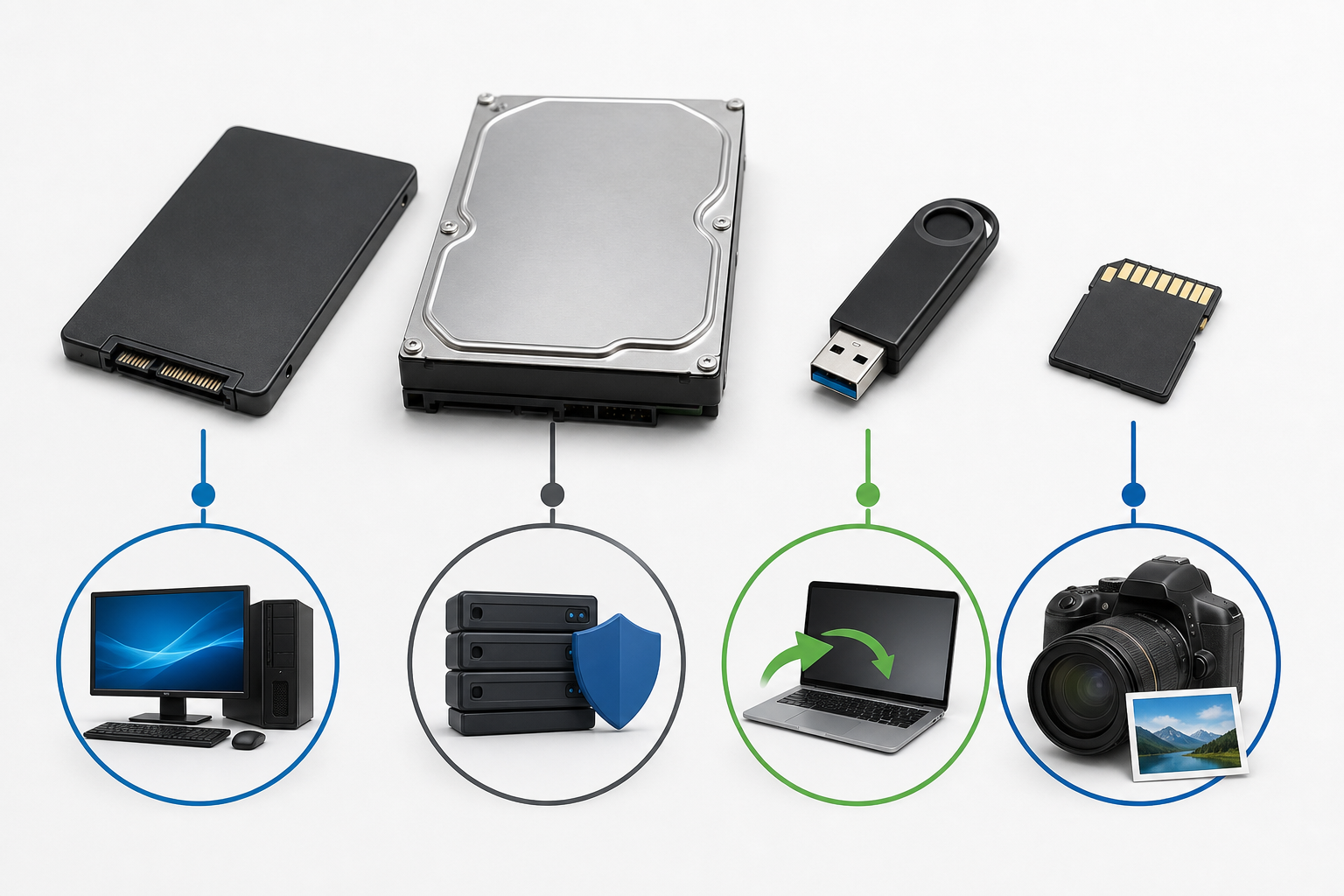 Storage device use case chart for backup, travel, camera, and long-term files