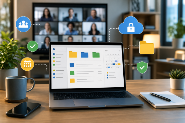 Remote team collaboration dashboard with chat, video, files, tasks, and calendar tools