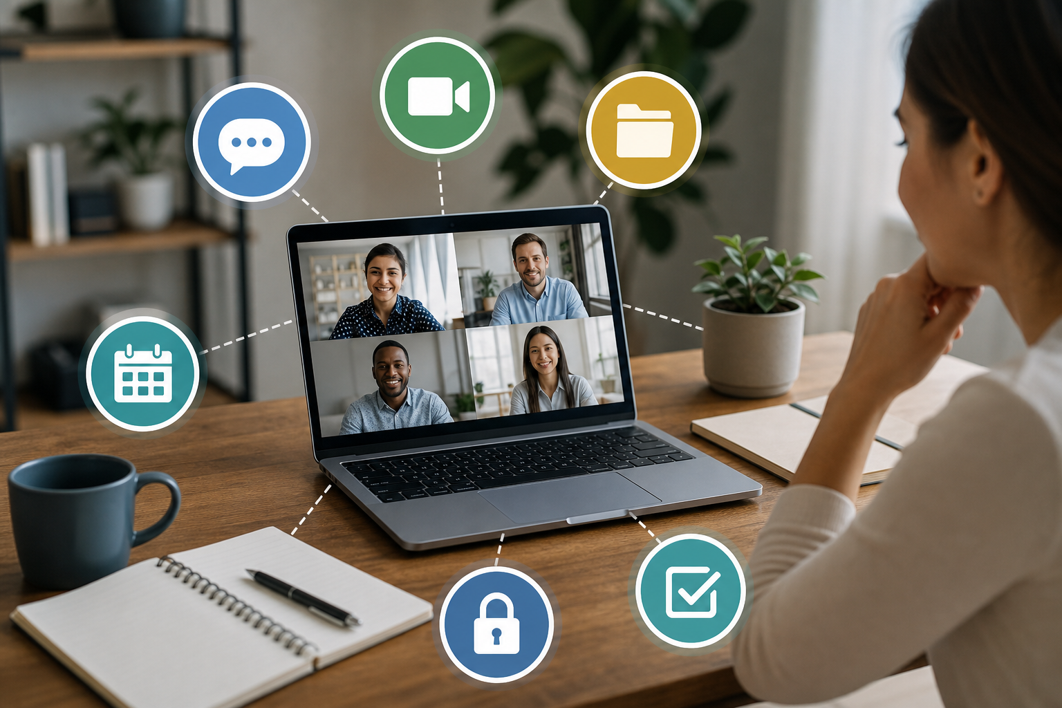 Remote team tool stack showing chat, meetings, shared files, tasks, calendar, and password security