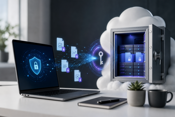 Zero-knowledge encryption concept with private key on laptop and encrypted cloud vault