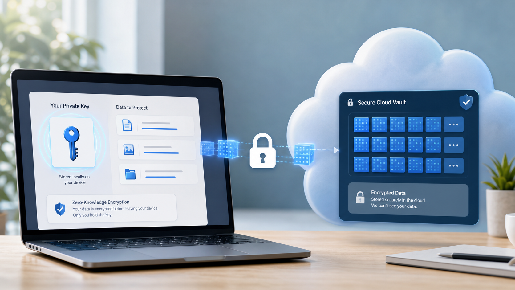 Zero-knowledge encryption key flow showing local key and encrypted cloud blocks