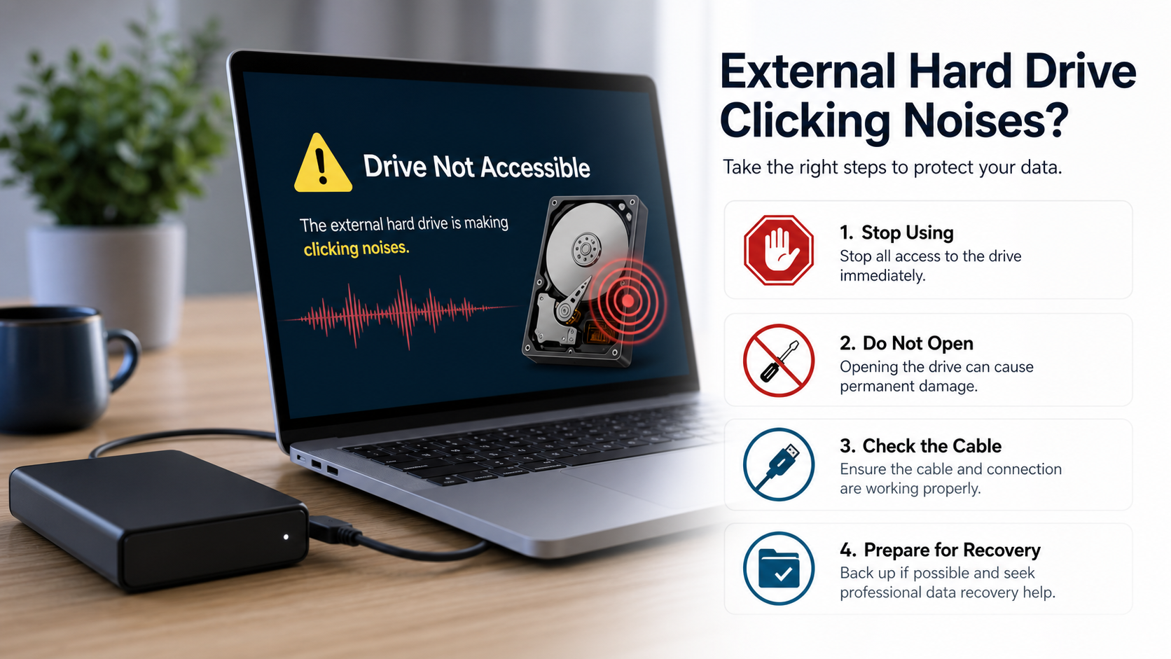 Safe steps after external hard drive clicking noise: stop using, check cable, avoid opening, prepare recovery