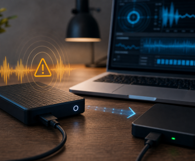 External Hard Drive Clicking? What It Means and What to Do Before Recovery External hard drive clicking noise warning with laptop and recovery checklist