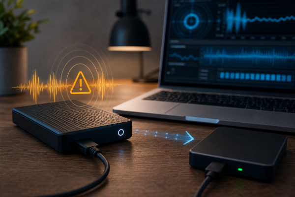 External hard drive clicking noise warning with laptop and recovery checklist