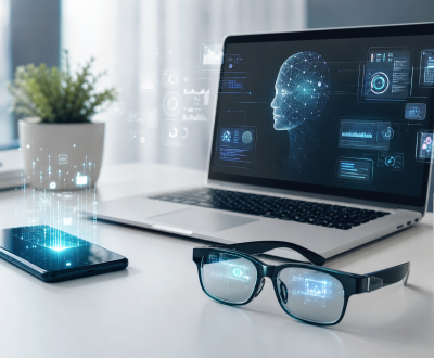 AI technology trends shown through smart devices, laptop dashboards, and connected digital interfaces