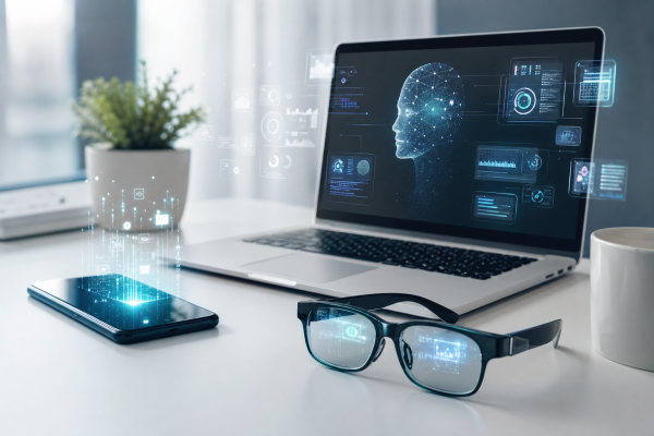 AI technology trends shown through smart devices, laptop dashboards, and connected digital interfaces