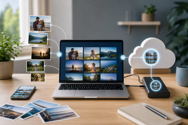 Personal photo backup workflow with laptop, external drive, and cloud storage