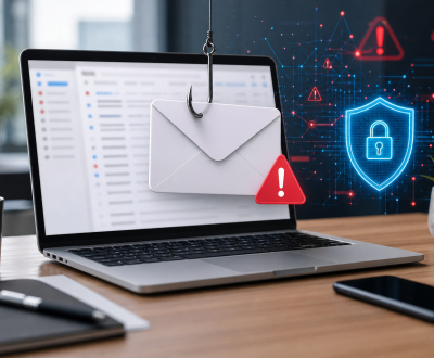 AI Phishing Emails Are Getting Harder to Spot: How Everyday Users Can Stay Safe Cybersecurity warning concept showing a phishing email, laptop inbox, and digital shield