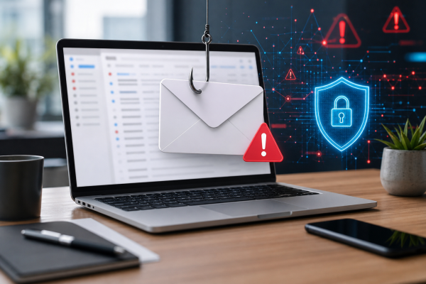 Cybersecurity warning concept showing a phishing email, laptop inbox, and digital shield