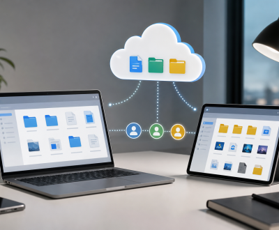 Google Drive, OneDrive, Dropbox or Another Cloud: How to Choose Cloud Storage in 2026 Cloud storage comparison concept with laptop, tablet, file folders, and collaboration icons
