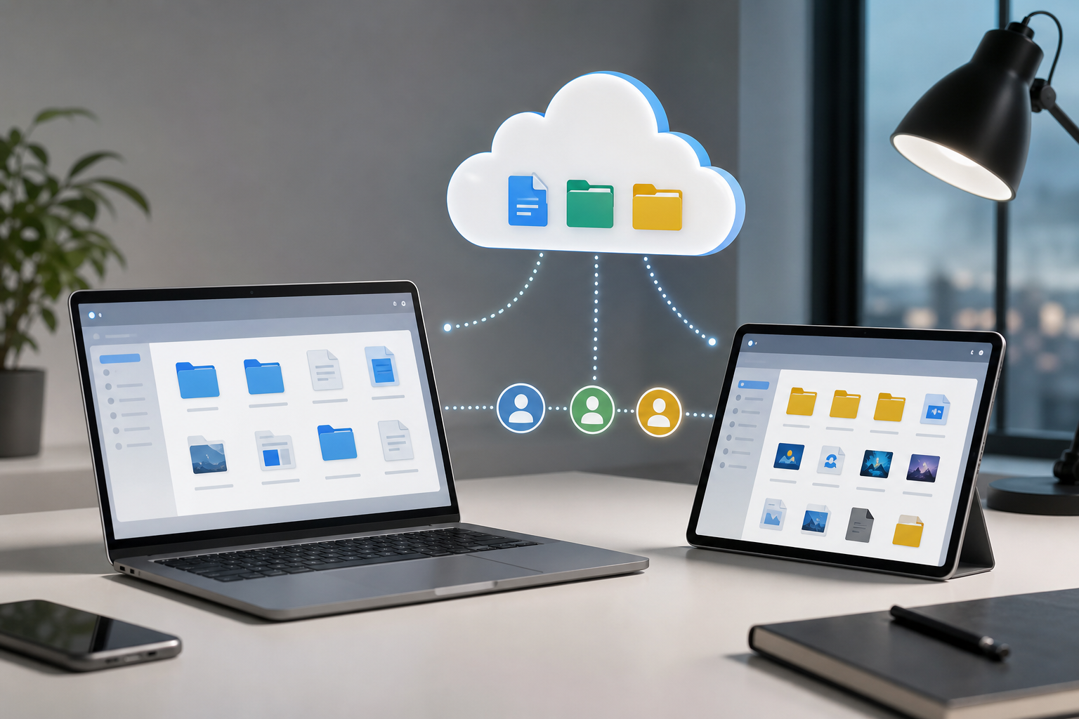 Google Drive, OneDrive, Dropbox or Another Cloud: How to Choose Cloud Storage in 2026 Cloud storage comparison concept with laptop, tablet, file folders, and collaboration icons