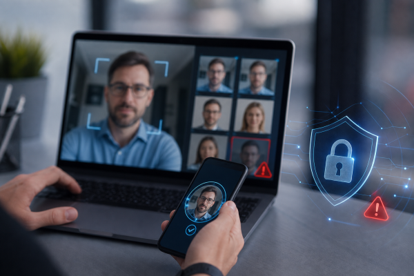 Deepfake video call security concept with verification and warning indicators