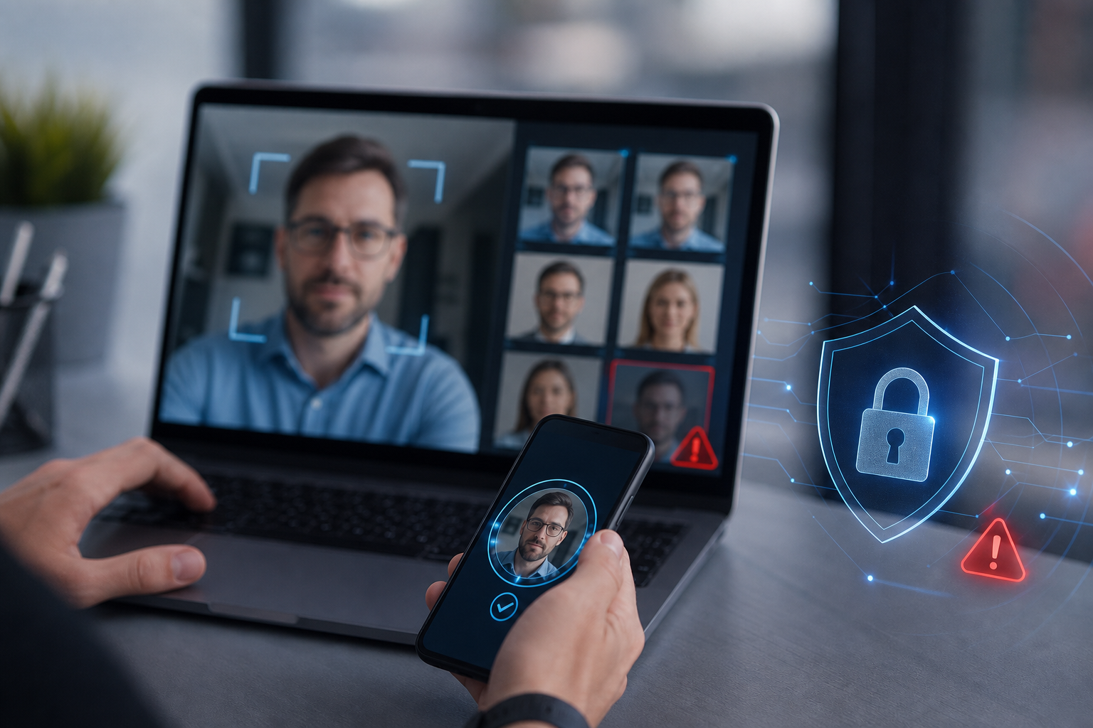 Deepfake Video Scams Are Getting Better: Why Video Calls Are Not Enough Proof Deepfake video call security concept with verification and warning indicators