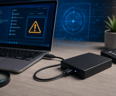 External Hard Drive Not Showing Up? Do These Things Before You Format It External hard drive connected to a laptop with diagnostic warning visuals