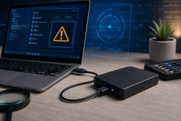 External hard drive connected to a laptop with diagnostic warning visuals