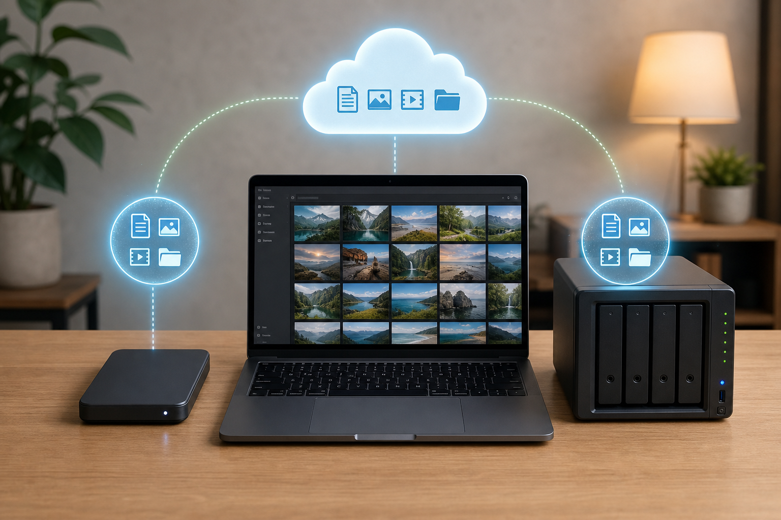 Laptop, external drive, NAS storage, and cloud copy showing a 3-2-1 backup workflow