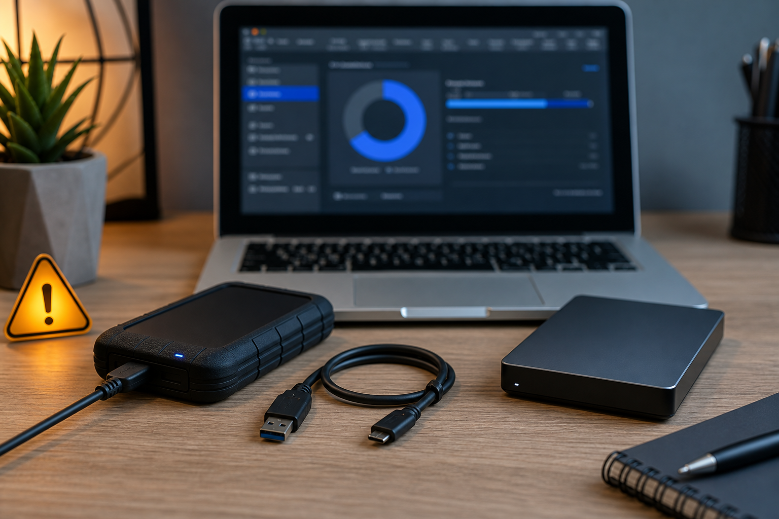 External hard drive, spare USB cable, laptop disk utility, and recovery destination drive