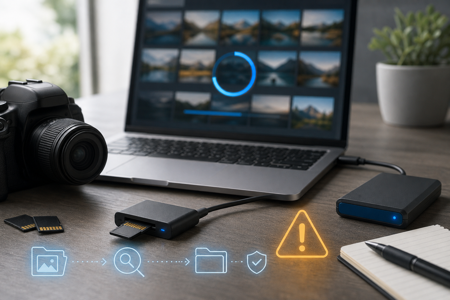Safe SD card photo recovery workflow with card reader, laptop, camera, and destination drive