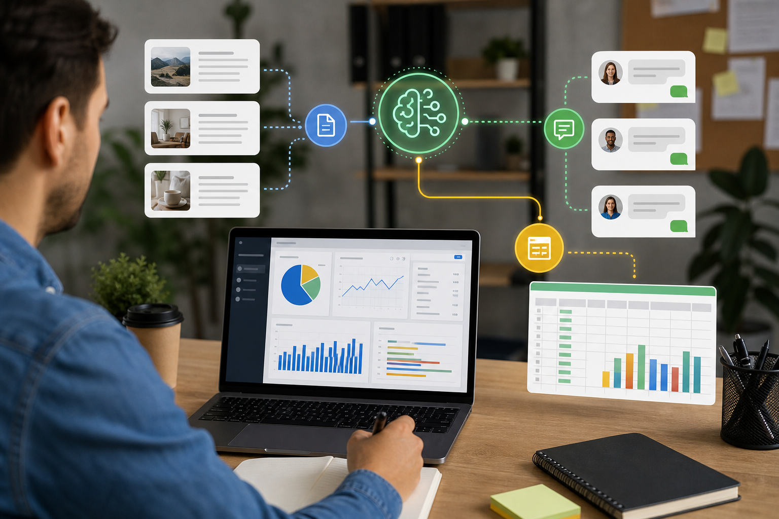 Small business AI workflow connecting content drafts, support messages, and organized data