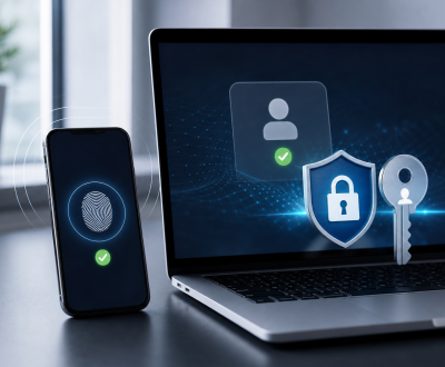 What Is a Passkey and Is It Really Safer Than a Password? Passkey and passwordless login security shown with phone biometric unlock and laptop