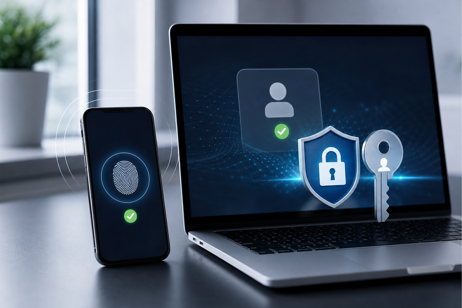 What Is a Passkey and Is It Really Safer Than a Password? Passkey and passwordless login security shown with phone biometric unlock and laptop