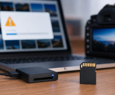 SD Card Says It Needs to Be Formatted? How to Protect Your Photos First SD card beside a laptop warning dialog and camera photo thumbnails