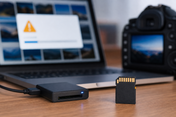 SD card beside a laptop warning dialog and camera photo thumbnails