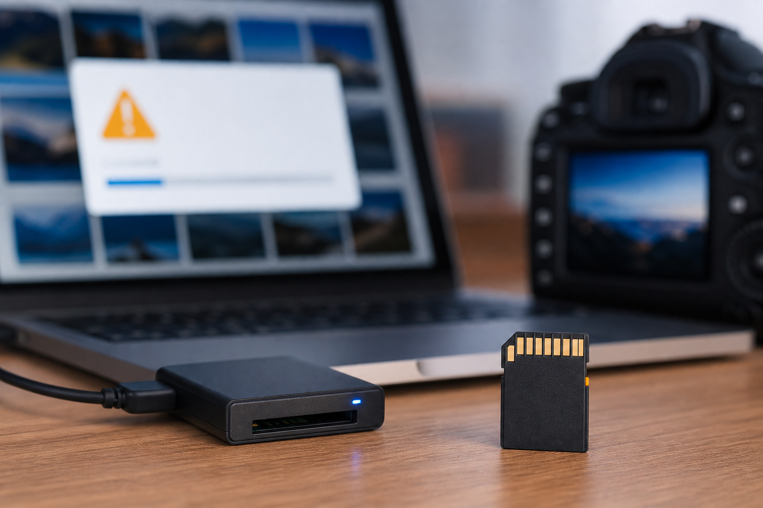 SD Card Says It Needs to Be Formatted? How to Protect Your Photos First SD card beside a laptop warning dialog and camera photo thumbnails