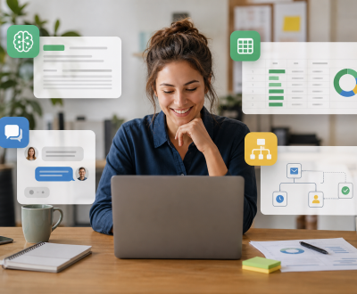 How Small Businesses Can Use AI to Save Time Without Risking Data Small business owner using AI tools for content, support, and data organization