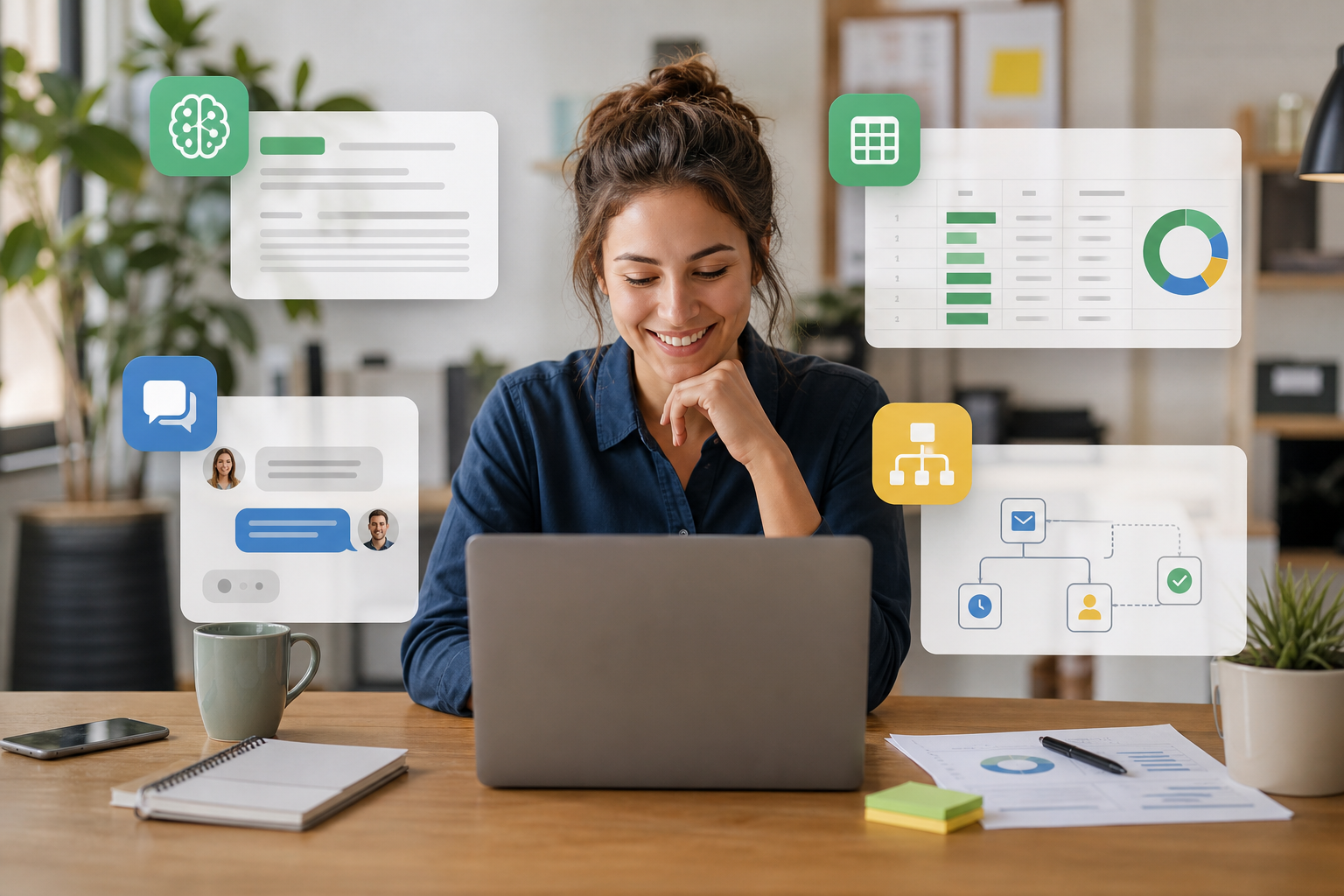 How Small Businesses Can Use AI to Save Time Without Risking Data Small business owner using AI tools for content, support, and data organization